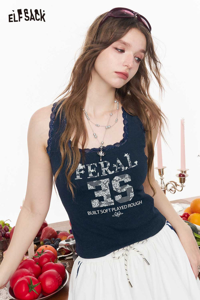 ELFSACK Lace Trim Letter Print Square Neck Tank Top