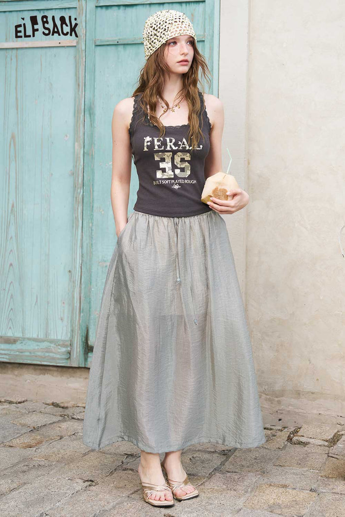 ELFSACK Lace Trim Letter Print Square Neck Tank Top