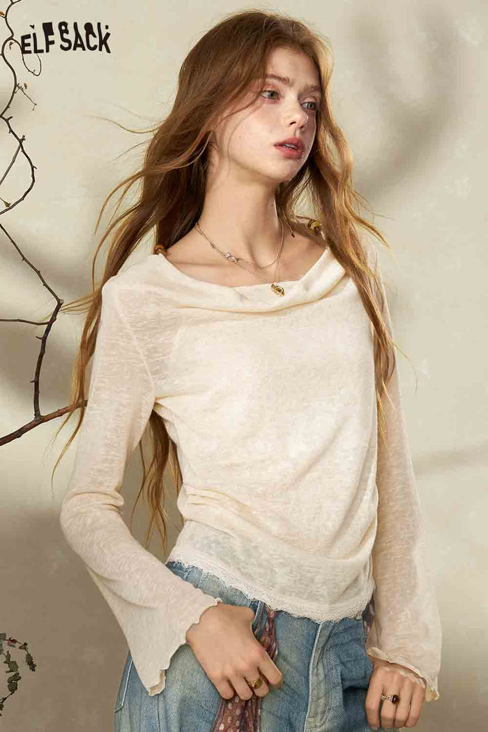 Lace Trim Tie Waist Long Sleeve Sweater