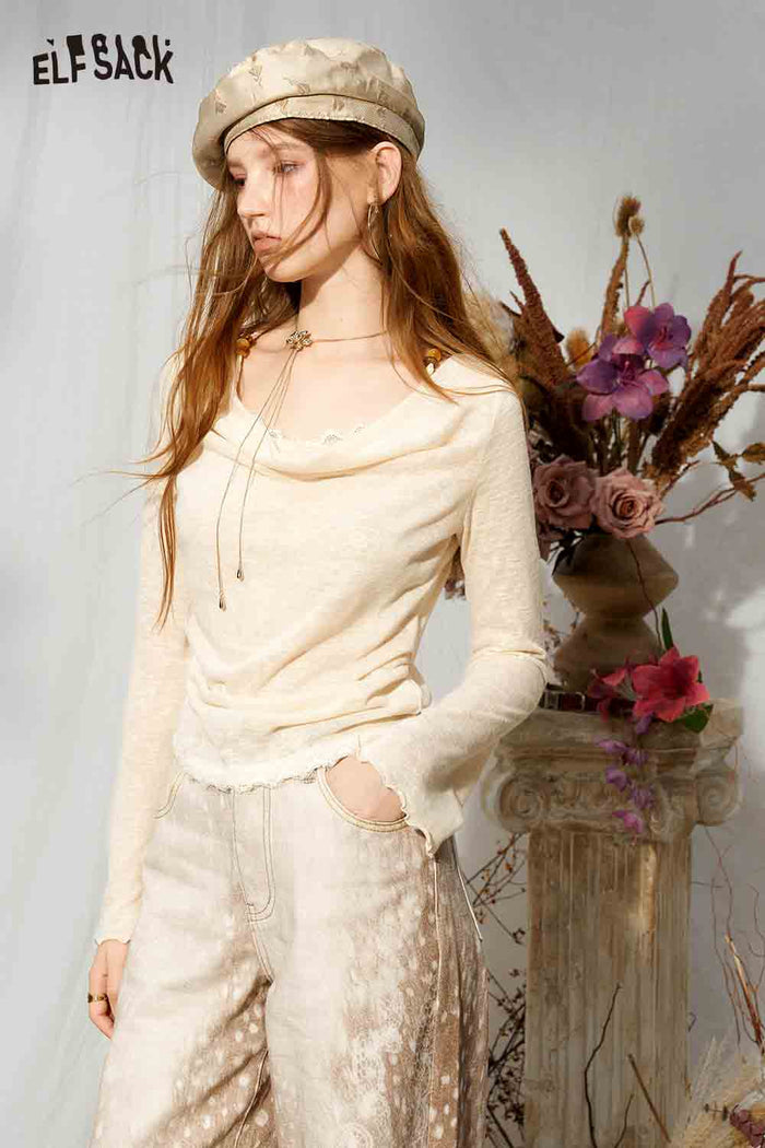 Lace Trim Tie Waist Long Sleeve Sweater