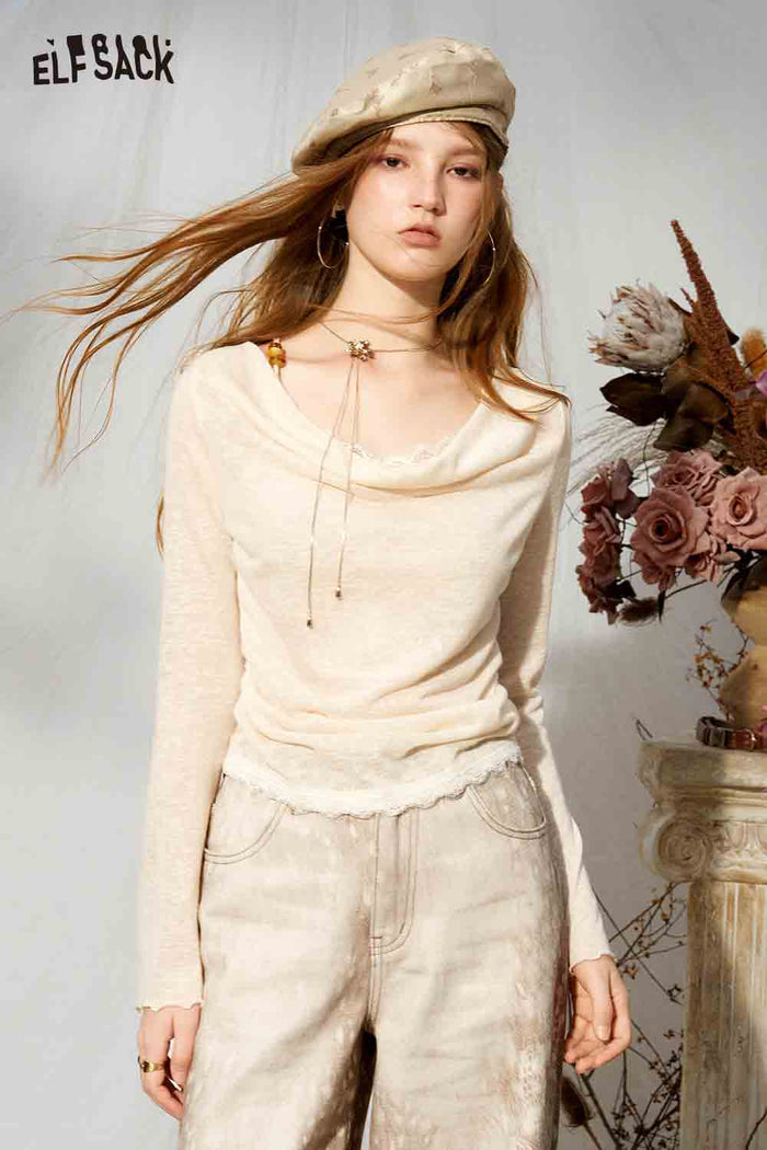 Lace Trim Tie Waist Long Sleeve Sweater