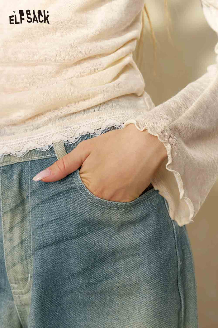 Lace Trim Tie Waist Long Sleeve Sweater