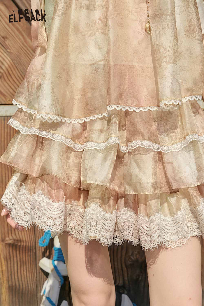 ELFSACK Lace Trim Tiered Vintage Floral Camisole Dress