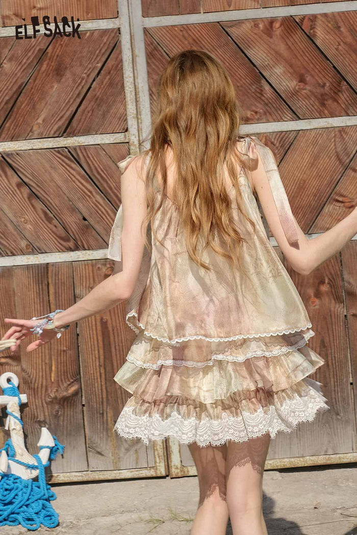 ELFSACK Lace Trim Tiered Vintage Floral Camisole Dress