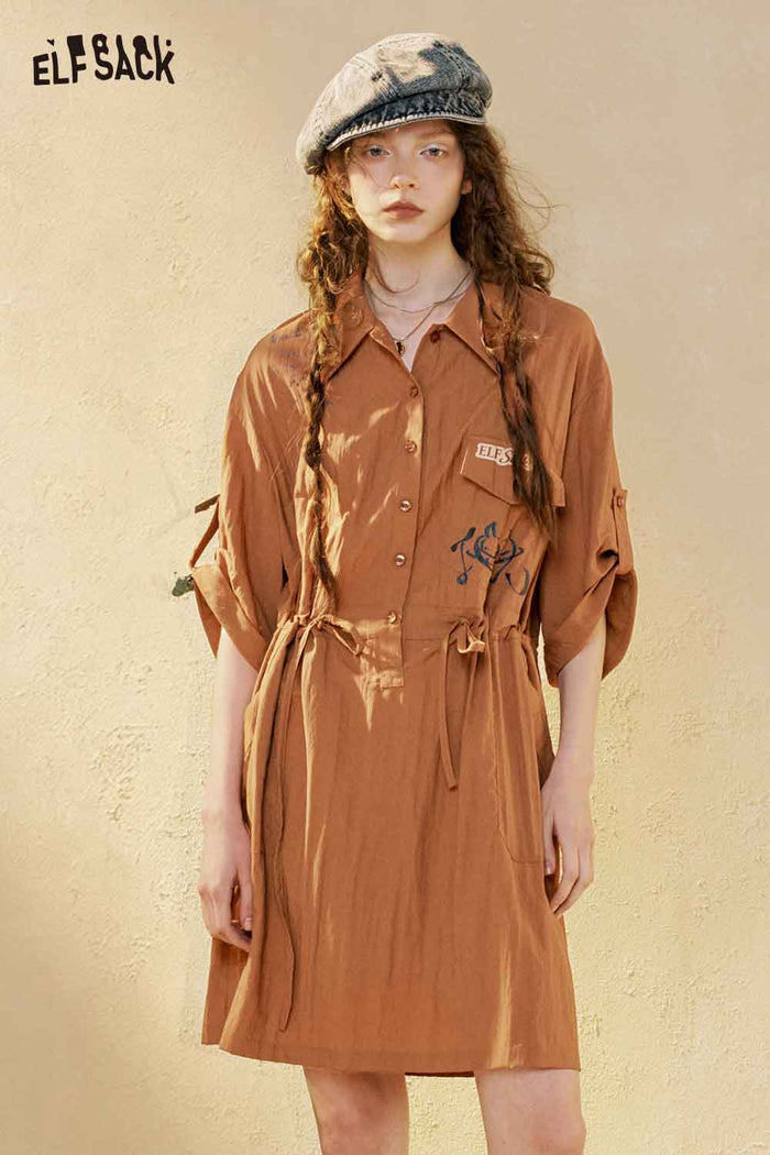 Lapel Button Drawstring Midi Shirt Dress