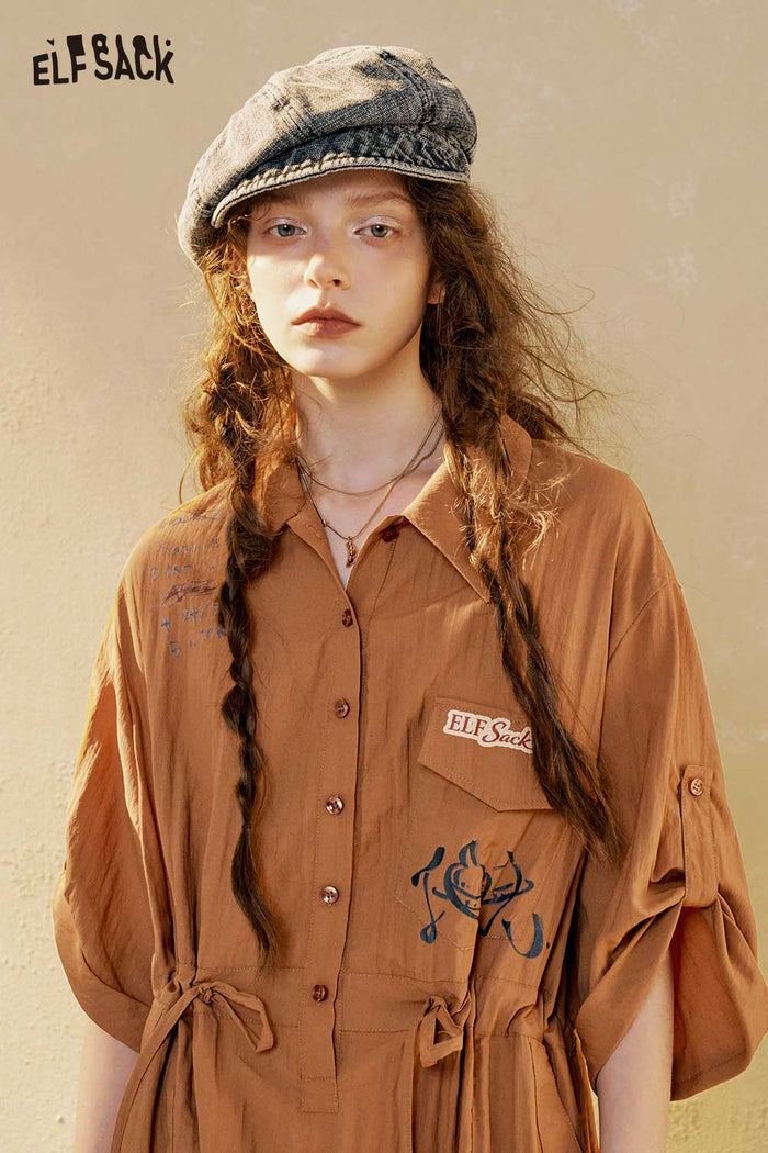 Lapel Button Drawstring Midi Shirt Dress