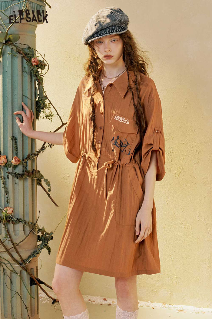 Lapel Button Drawstring Midi Shirt Dress