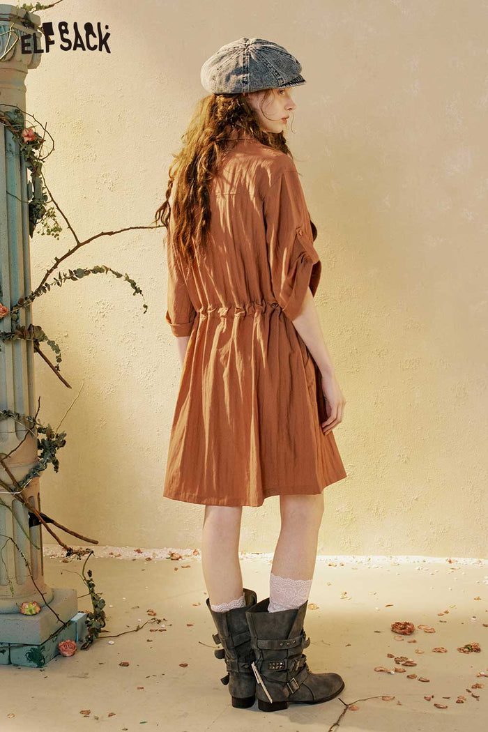 Lapel Button Drawstring Midi Shirt Dress