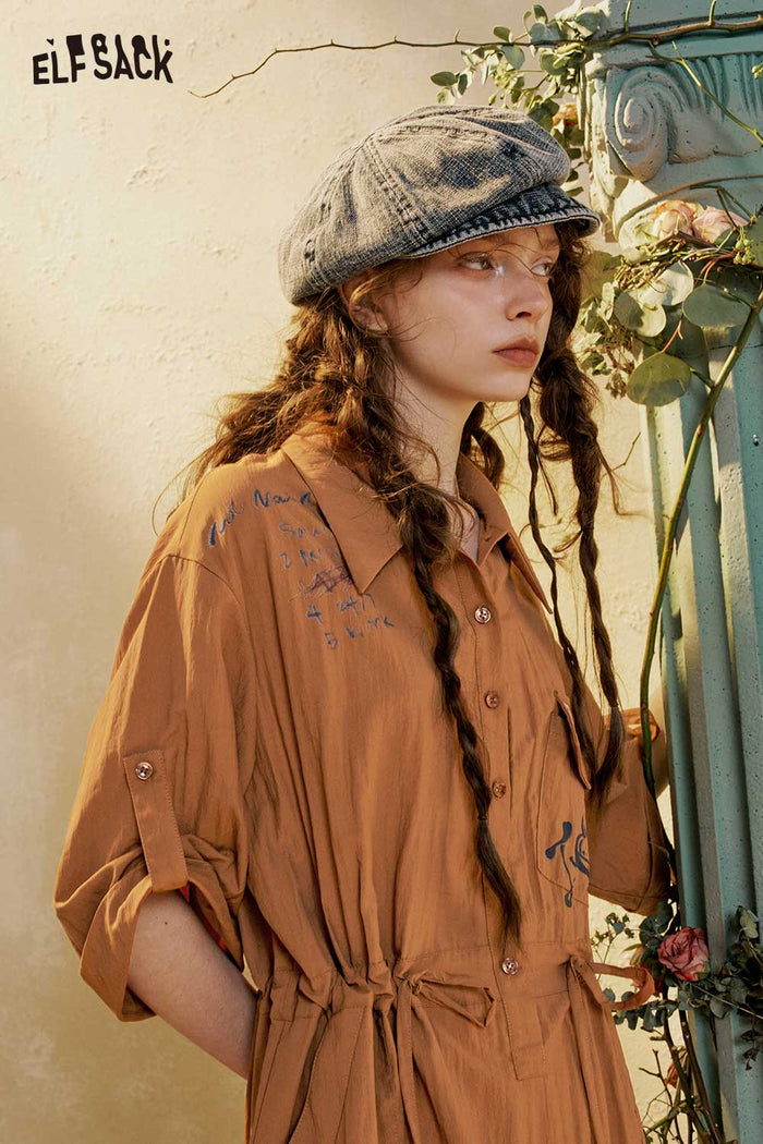 Lapel Button Drawstring Midi Shirt Dress