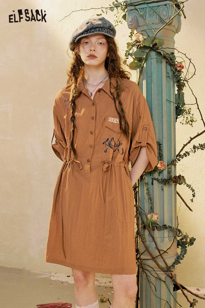 Lapel Button Drawstring Midi Shirt Dress