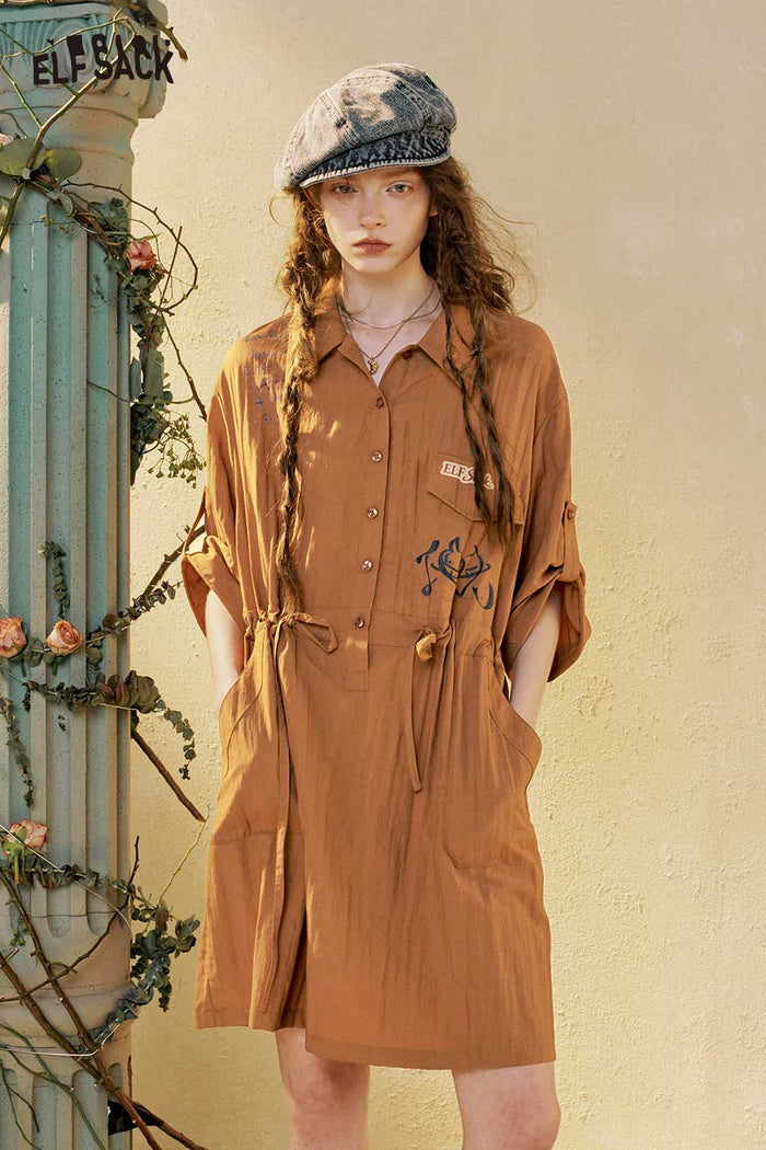 Lapel Button Drawstring Midi Shirt Dress