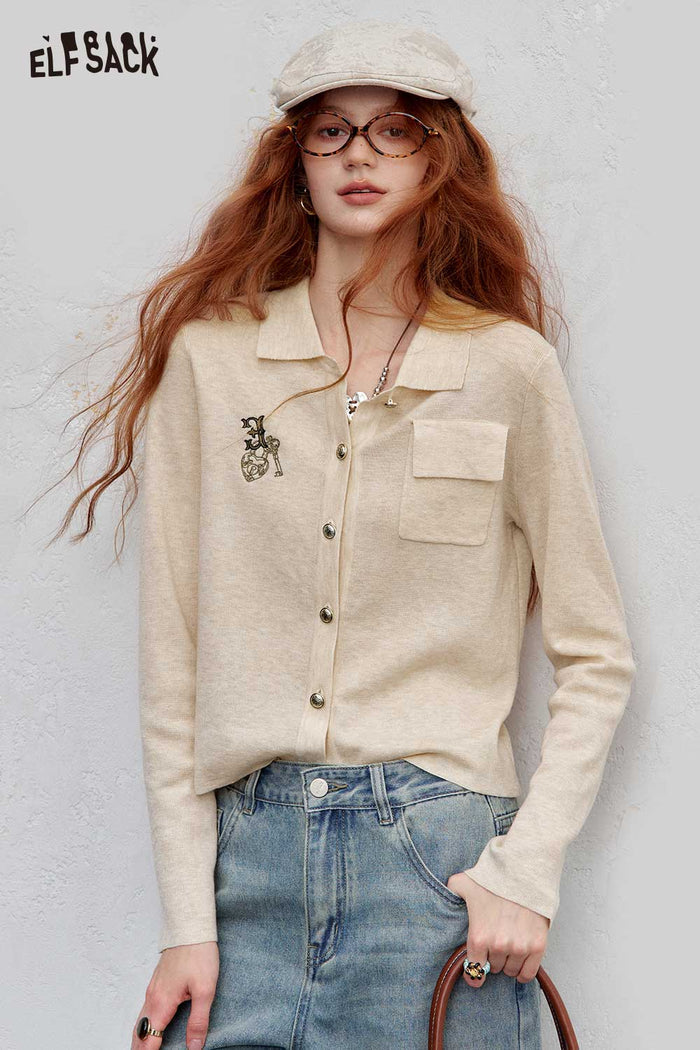 Lapel Embroidered Pocket Knit Cardigan Casual Top