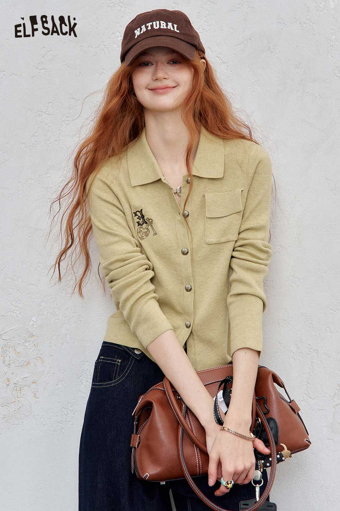 Lapel Embroidered Pocket Knit Cardigan Casual Top