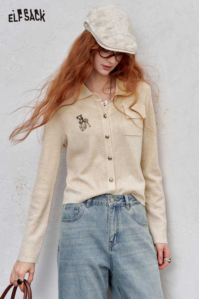 Lapel Embroidered Pocket Knit Cardigan Casual Top