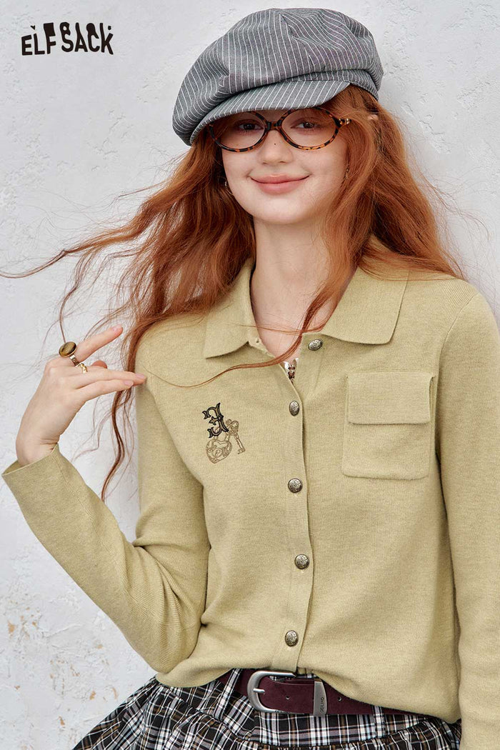 Lapel Embroidered Pocket Knit Cardigan Casual Top