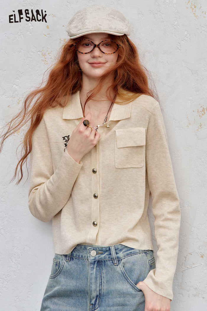 Lapel Embroidered Pocket Knit Cardigan Casual Top