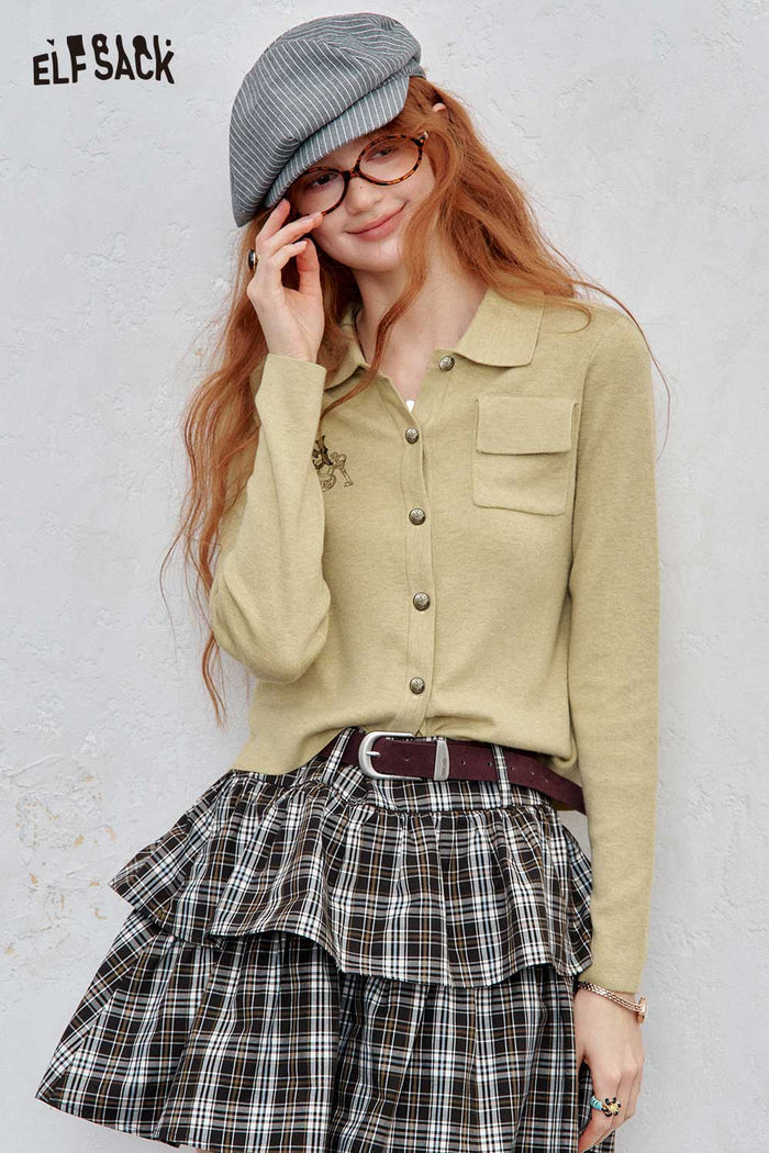Lapel Embroidered Pocket Knit Cardigan Casual Top