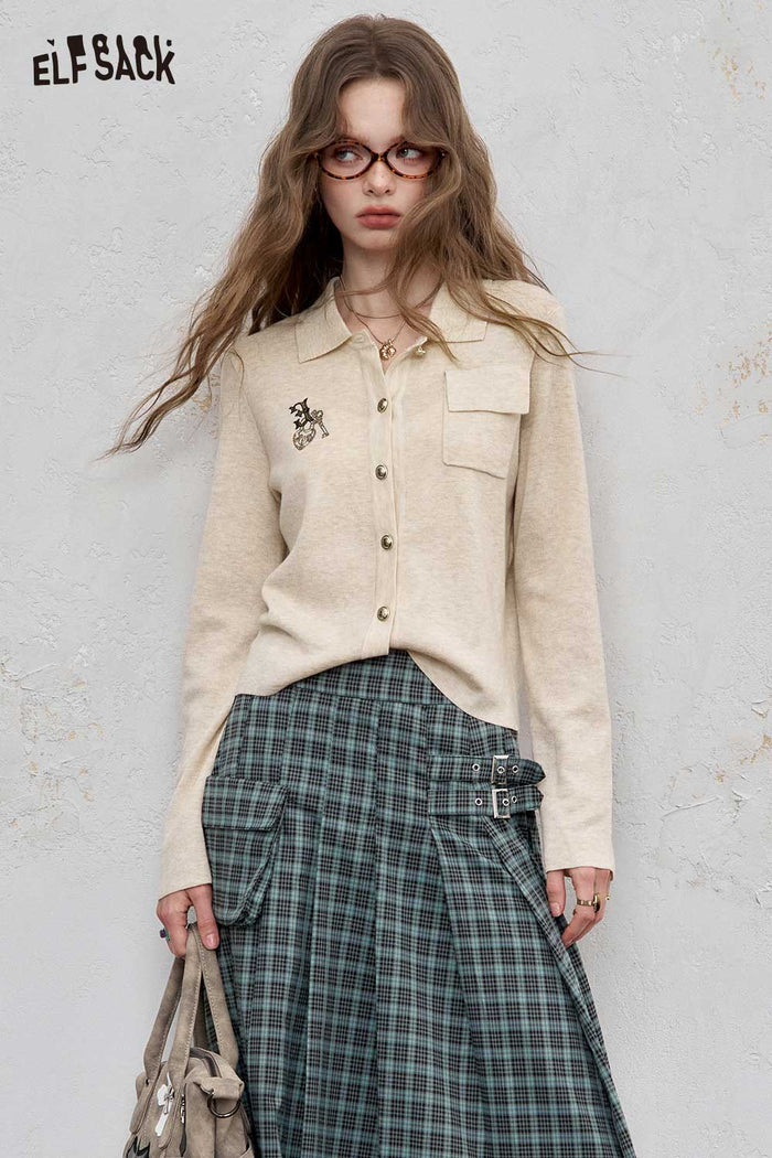 Lapel Embroidered Pocket Knit Cardigan Casual Top