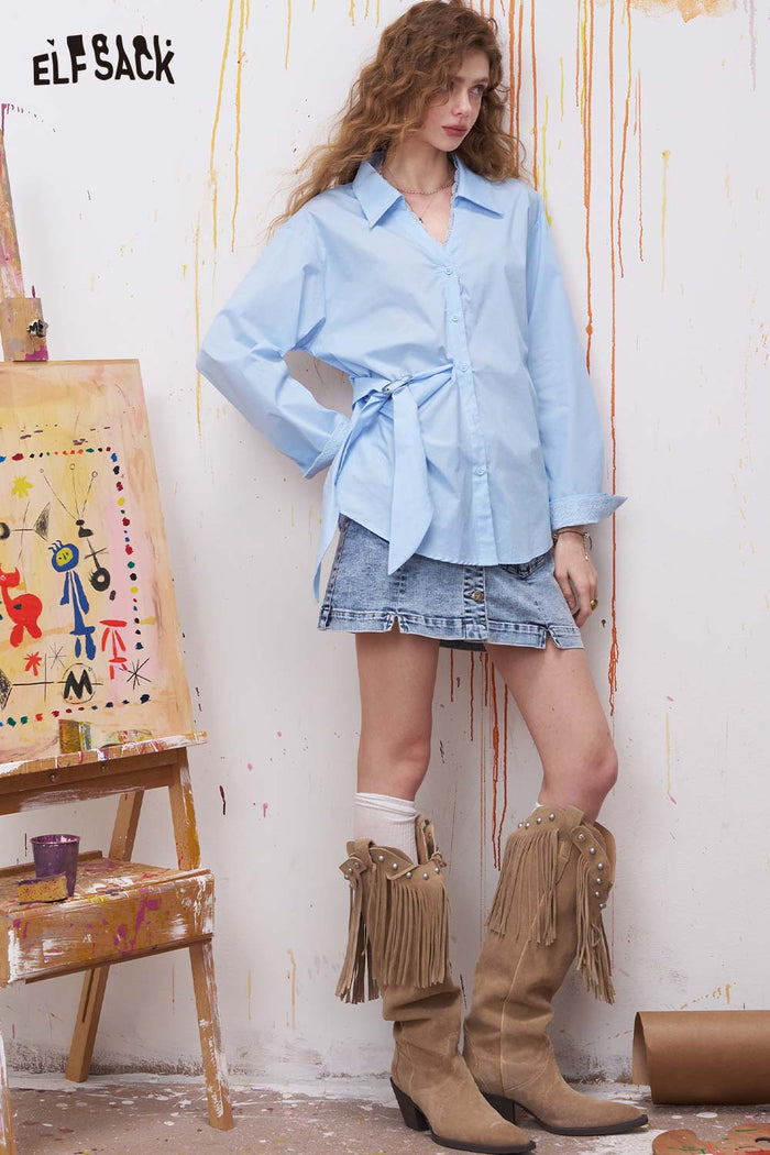 ELFSACK Lapel Long Sleeve Shirt Irregular Drawstring Design Sense Blouse Daily Commute Office Wear