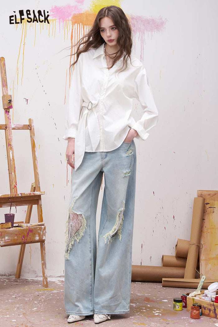 ELFSACK Lapel Long Sleeve Shirt Irregular Drawstring Design Sense Blouse Daily Commute Office Wear