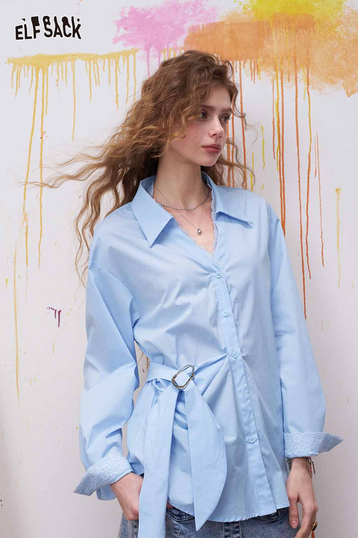 ELFSACK Lapel Long Sleeve Shirt Irregular Drawstring Design Sense Blouse Daily Commute Office Wear