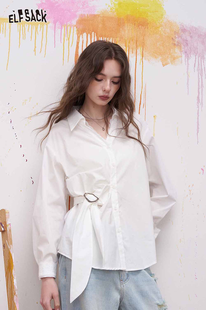 ELFSACK Lapel Long Sleeve Shirt Irregular Drawstring Design Sense Blouse Daily Commute Office Wear