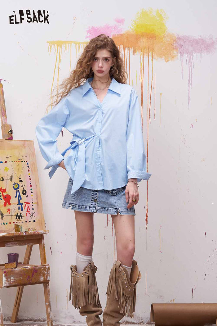 ELFSACK Lapel Long Sleeve Shirt Irregular Drawstring Design Sense Blouse Daily Commute Office Wear