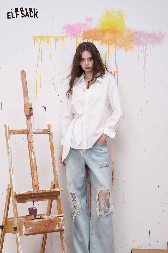 ELFSACK Lapel Long Sleeve Shirt Irregular Drawstring Design Sense Blouse Daily Commute Office Wear