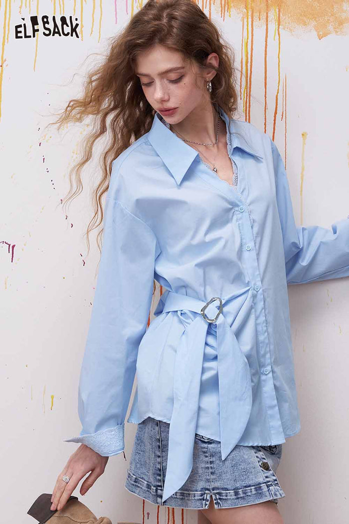 ELFSACK Lapel Long Sleeve Shirt Irregular Drawstring Design Sense Blouse Daily Commute Office Wear