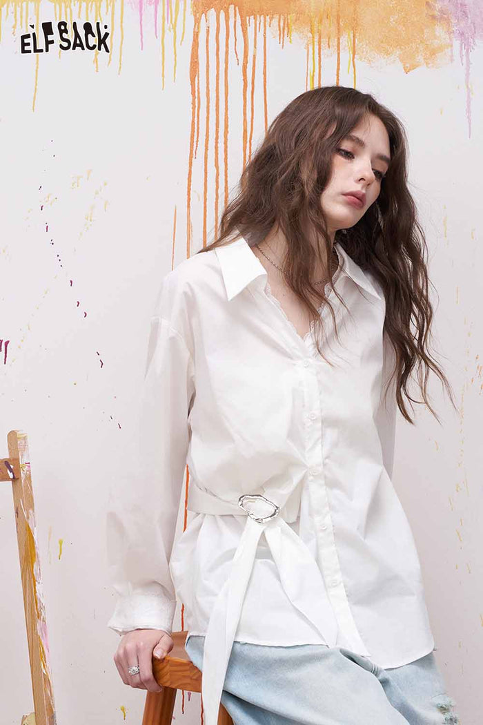 ELFSACK Lapel Long Sleeve Shirt Irregular Drawstring Design Sense Blouse Daily Commute Office Wear