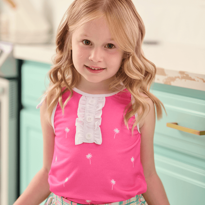 Lauren Ruffle Tank - Pink Palm Trees - Sugar Bee Clothing