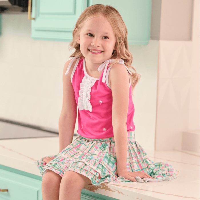 Lauren Ruffle Tank - Pink Palm Trees - Sugar Bee Clothing