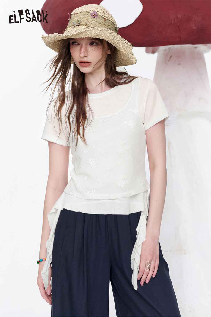 ELFSACK Layered Floral Mesh Irregular Hem Tee