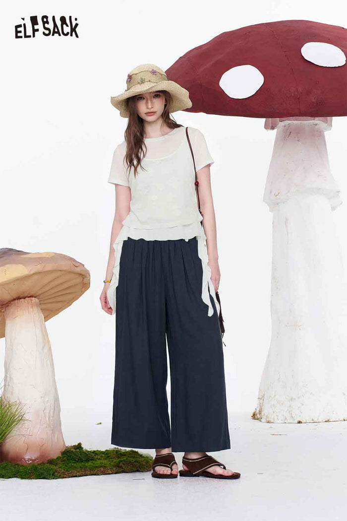 ELFSACK Layered Floral Mesh Irregular Hem Tee