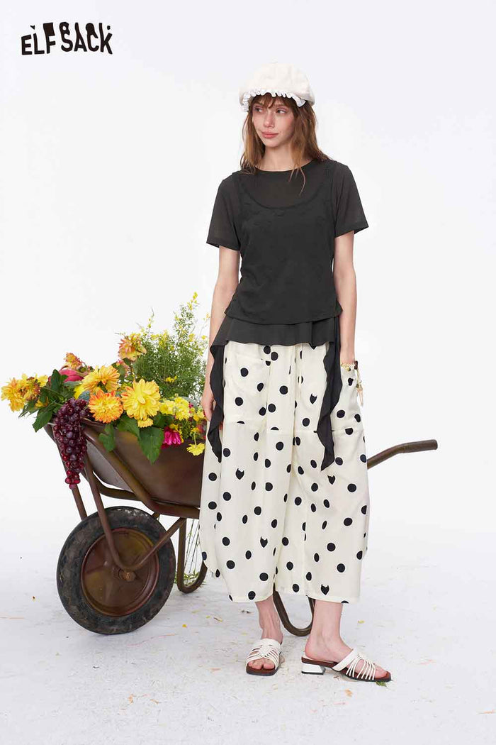 ELFSACK Layered Floral Mesh Irregular Hem Tee