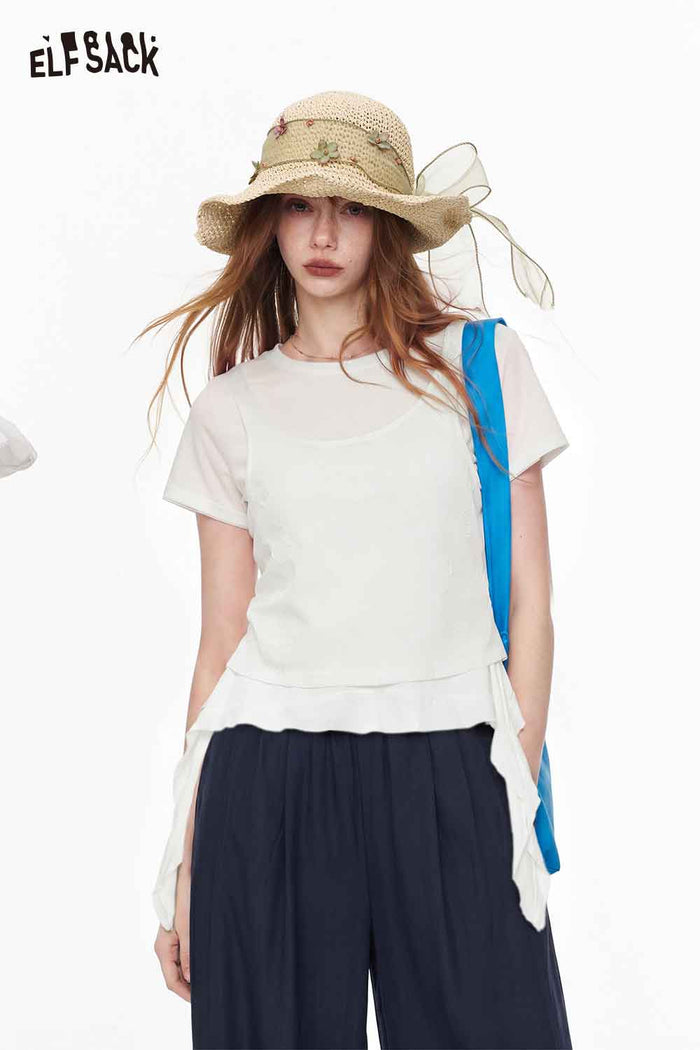 ELFSACK Layered Floral Mesh Irregular Hem Tee