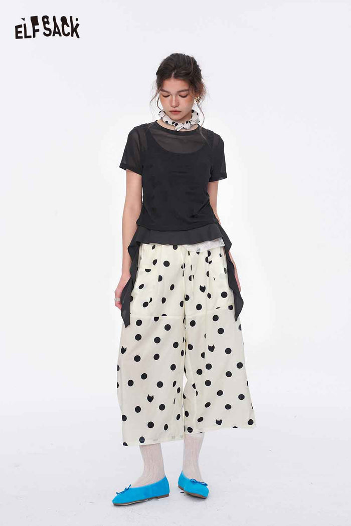 ELFSACK Layered Floral Mesh Irregular Hem Tee