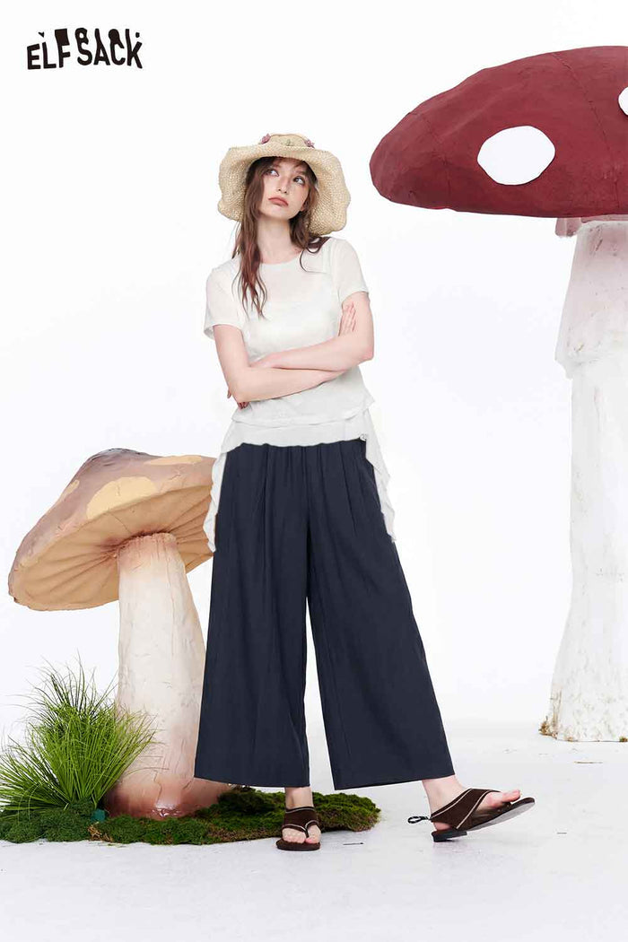 ELFSACK Layered Floral Mesh Irregular Hem Tee
