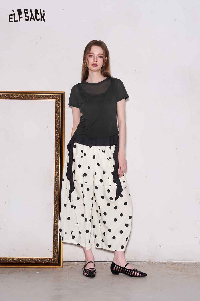 ELFSACK Layered Floral Mesh Irregular Hem Tee