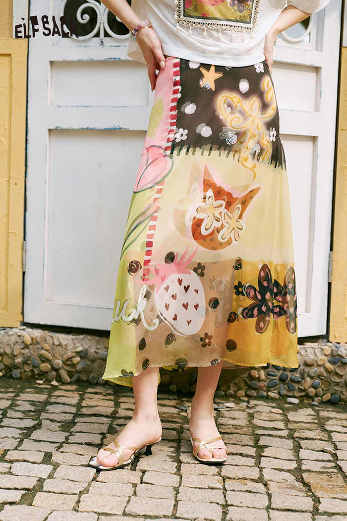 ELFSACK Layered Printed Flowy Midi Skirt