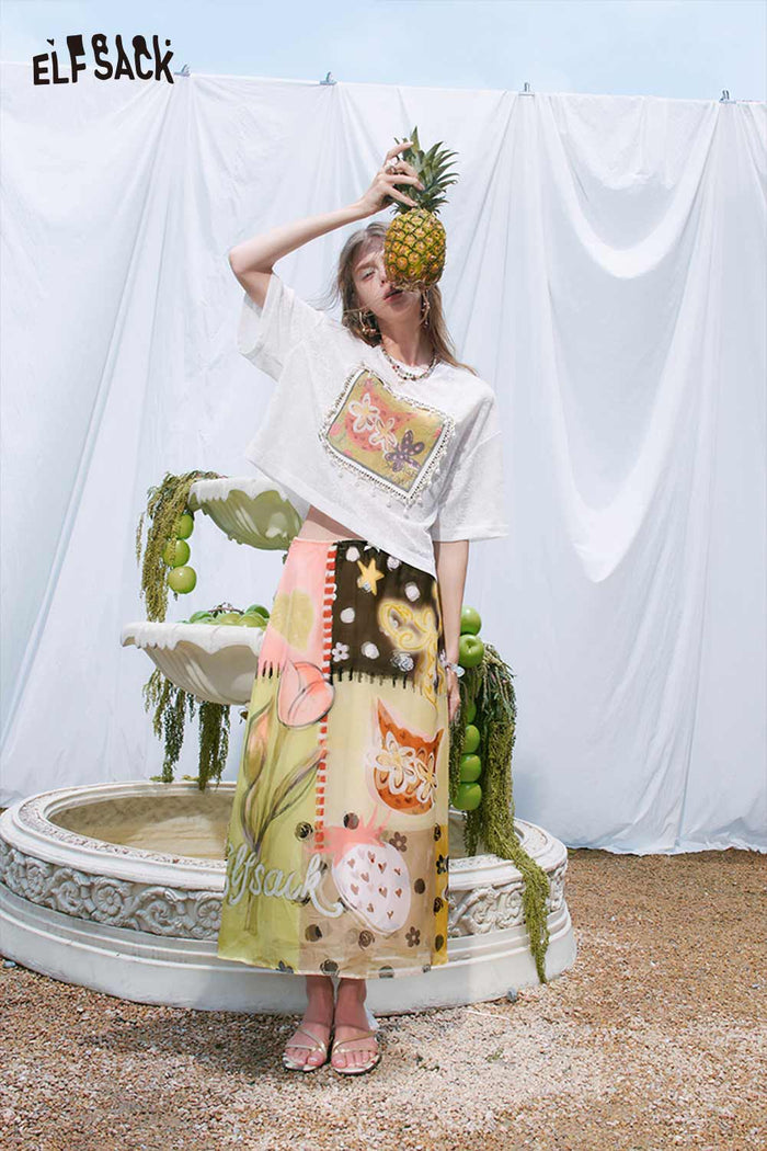 ELFSACK Layered Printed Flowy Midi Skirt