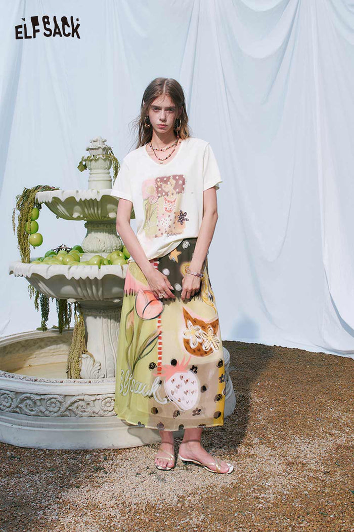 ELFSACK Layered Printed Flowy Midi Skirt