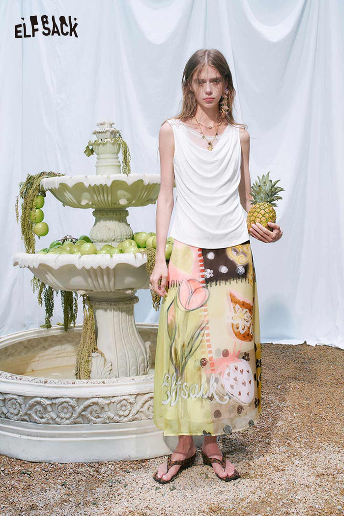ELFSACK Layered Printed Flowy Midi Skirt