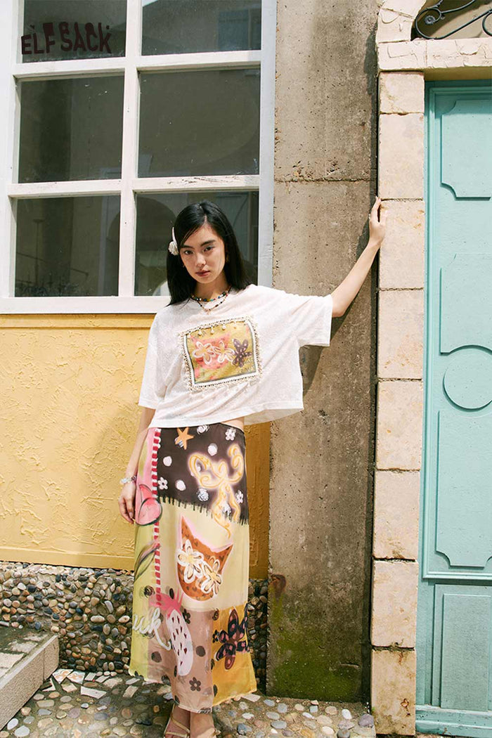 ELFSACK Layered Printed Flowy Midi Skirt