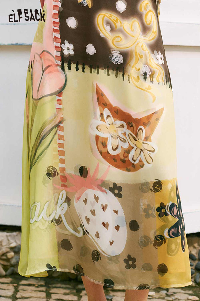 ELFSACK Layered Printed Flowy Midi Skirt