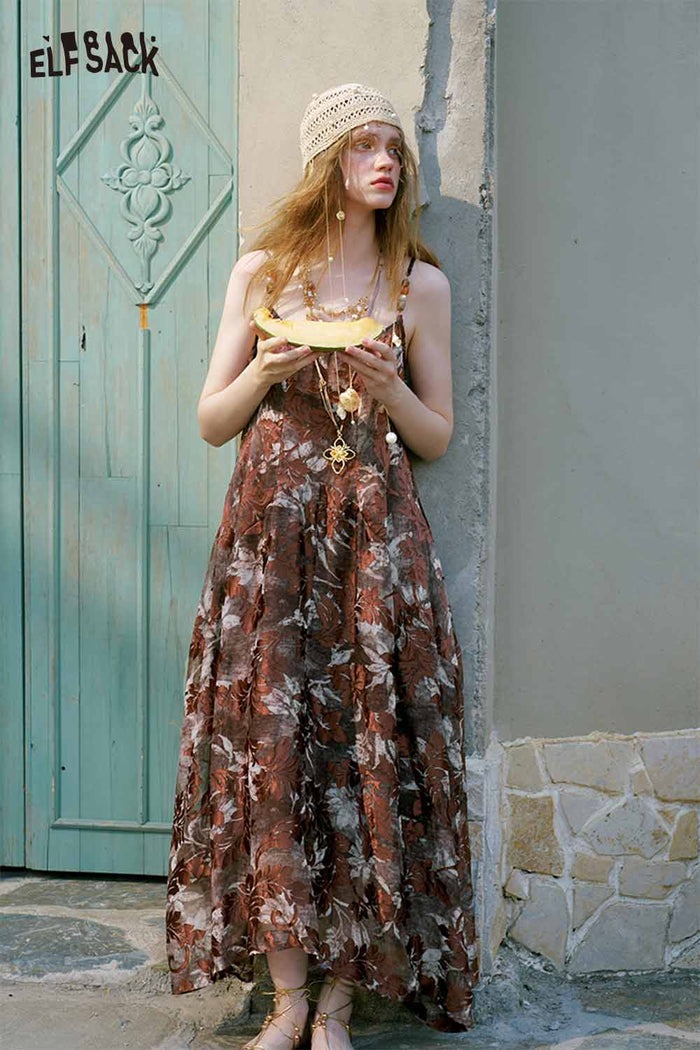 ELFSACK Leaf Print Irregular Midi Cami Dress