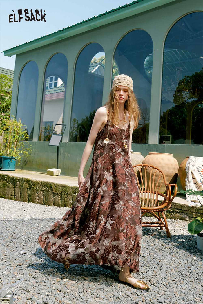 ELFSACK Leaf Print Irregular Midi Cami Dress