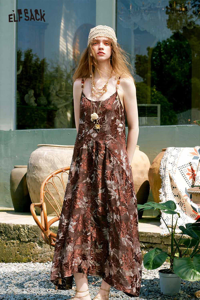 ELFSACK Leaf Print Irregular Midi Cami Dress