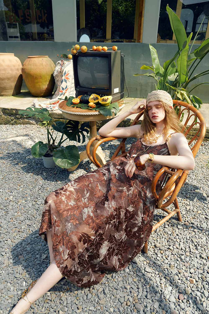 ELFSACK Leaf Print Irregular Midi Cami Dress