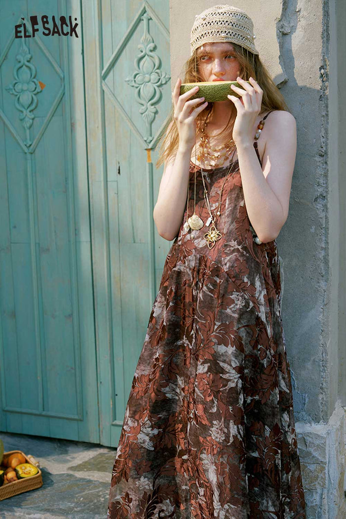 ELFSACK Leaf Print Irregular Midi Cami Dress
